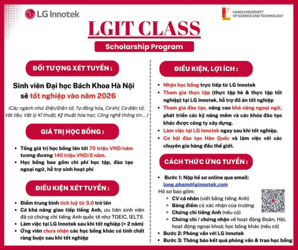 THÔNG BÁO HỌC BỔNG "LGIT CLASS" TỪ CÔNG TY LG INNOTEK