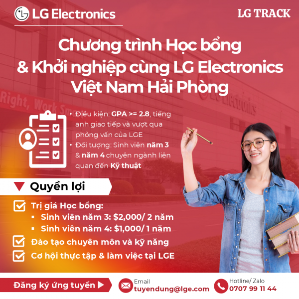 THÔNG BÁO: ĐĂNG KÝ PHỎNG VẤN TUYỂN DỤNG VÀ HỌC BỔNG LG TRACK CÙNG CÔNG TY TNHH LG ELECTRONICS VIỆT NAM HẢI PHÒNG