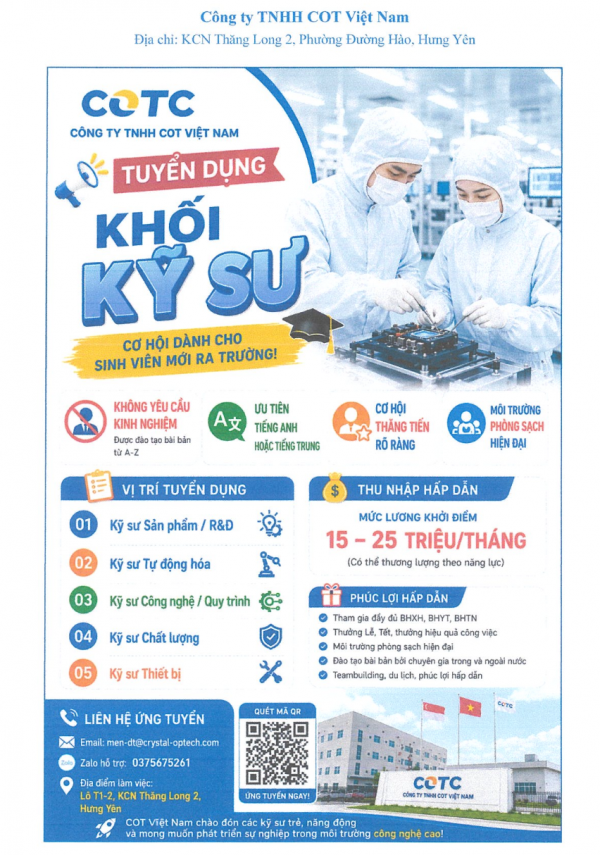 THÔNG BÁO TUYỂN DỤNG KỸ SƯ NGÀNH CNVL POLYME VÀ COMPOZIT VÀ CÁC NGÀNH KỸ THUẬT CỦA TRƯỜNG TỪ CÔNG TY TNHH COT VIỆT NAM