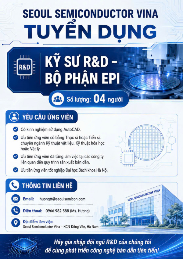CÔNG TY TNHH SEOUL SEMICONDUCTOR VINA TUYỂN DỤNG KỸ SƯ R&D