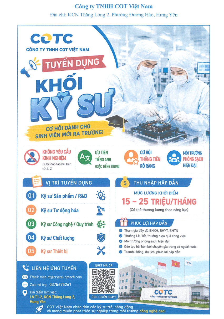 THÔNG BÁO TUYỂN DỤNG KỸ SƯ NGÀNH CNVL POLYME VÀ COMPOZIT VÀ CÁC NGÀNH KỸ THUẬT CỦA TRƯỜNG TỪ CÔNG TY TNHH COT VIỆT NAM