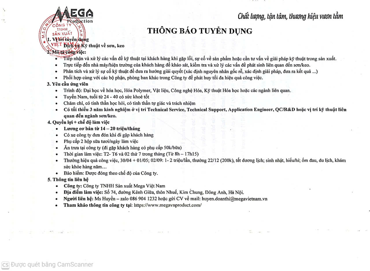 MEGA tuyen dung dich vu ky thuat son keo