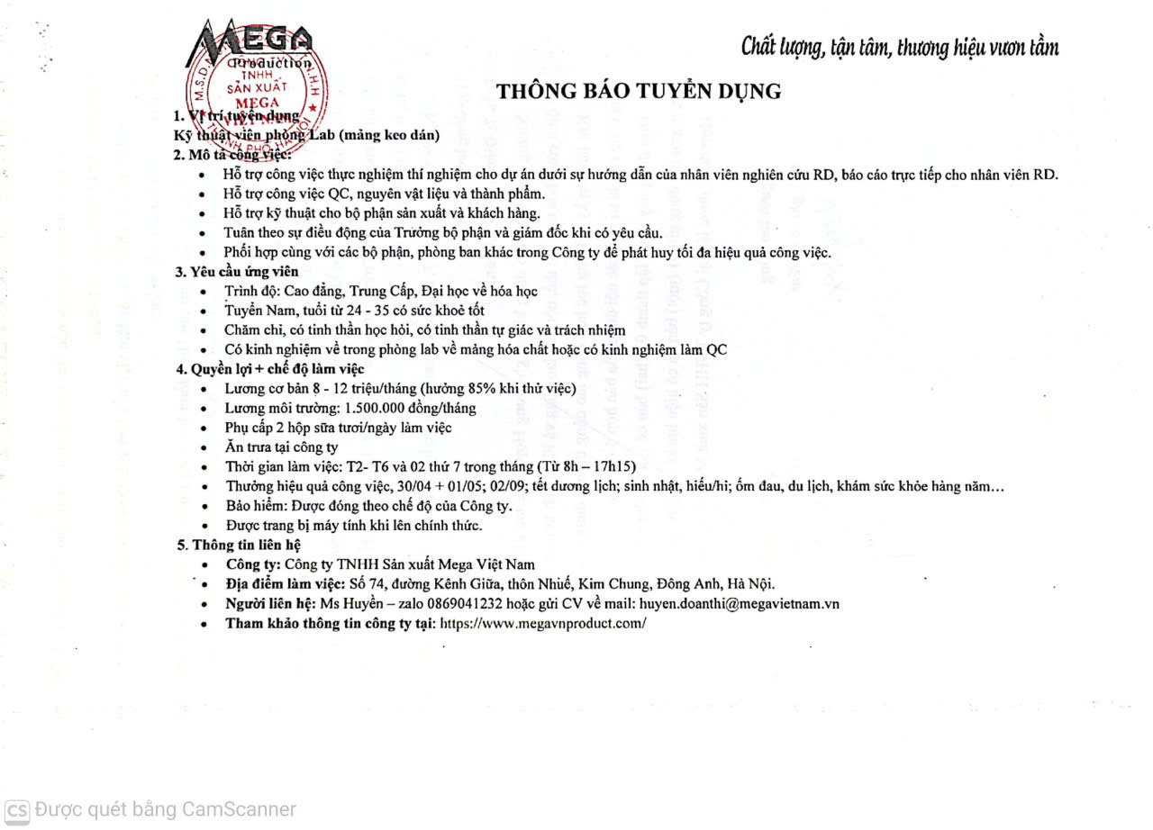 MEGA tuyen dung Ky thuat vien Lab